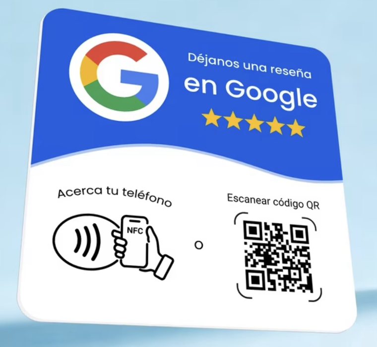 Dispositivo ReseñaTap con código QR y NFC para dejar reseña en Google